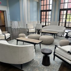 cropped lounge with white and natural and woven seagrass and black