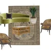 AGAVE LOUNGE featuring Edie Sofa in Peridot, Soleil Coffee Table, Kip Side Tables, Short Agave Plant, Agatha Rug, Meander Throw Pillow and Libertine Armchair