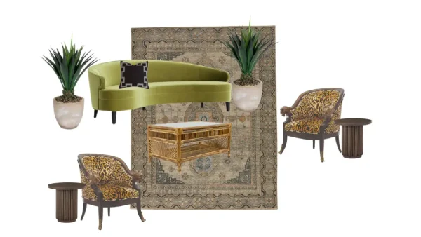 AGAVE LOUNGE featuring Edie Sofa in Peridot, Soleil Coffee Table, Kip Side Tables, Short Agave Plant, Agatha Rug, Meander Throw Pillow and Libertine Armchair