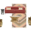 DESERT LOUNGE featuring Avery Sofa in Persimmon Velvet, Mondrian Swivel Chairs, Coastal Coffee Table, Palm Desert Rug, 6ft Banana Palm Planters, Buttercup Tassel Throw Pillow and Moroccan End Table