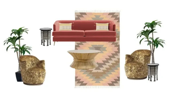 DESERT LOUNGE featuring Avery Sofa in Persimmon Velvet, Mondrian Swivel Chairs, Coastal Coffee Table, Palm Desert Rug, 6ft Banana Palm Planters, Buttercup Tassel Throw Pillow and Moroccan End Table