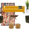 FOUNTAIN LOUNGE featuring Persian Yellow Draper Sofa, Kaleidoscope Rug, Olive Halston Swivel Chairs, Rattan Soleil Ottomans, Valencia Drinks Tables, Fountain Grass Planter, Orion Throw Pillow, and Spotted Leopard Coffee Table