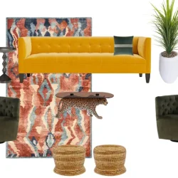 FOUNTAIN LOUNGE featuring Persian Yellow Draper Sofa, Kaleidoscope Rug, Olive Halston Swivel Chairs, Rattan Soleil Ottomans, Valencia Drinks Tables, Fountain Grass Planter, Orion Throw Pillow, and Spotted Leopard Coffee Table
