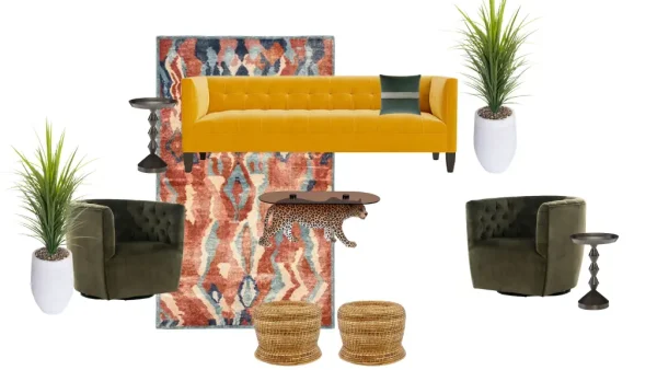FOUNTAIN LOUNGE featuring Persian Yellow Draper Sofa, Kaleidoscope Rug, Olive Halston Swivel Chairs, Rattan Soleil Ottomans, Valencia Drinks Tables, Fountain Grass Planter, Orion Throw Pillow, and Spotted Leopard Coffee Table