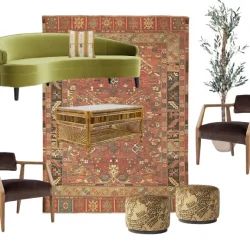 MILES LOUNGE featuring Edie Sofa in Peridot, Soleil Coffee Table, Tabriz Rug, Miles Armchairs, Mondrian Poufs, Seville Side Tables, Italian Olive Trees and Sumi Goldenrod Throw Pillow