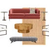 PERSIMMON LOUNGE featuring Avery Sofa in Persimmon, Wyatt Armchairs, Burl Coffee Table, Madrid Side Tables, Mid-Mod Bench, Bungalow Jute Rug, 5.5ft Tall Agave, and Multi-Stich Tassel Throw Pillow