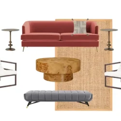 PERSIMMON LOUNGE featuring Avery Sofa in Persimmon, Wyatt Armchairs, Burl Coffee Table, Madrid Side Tables, Mid-Mod Bench, Bungalow Jute Rug, 5.5ft Tall Agave, and Multi-Stich Tassel Throw Pillow