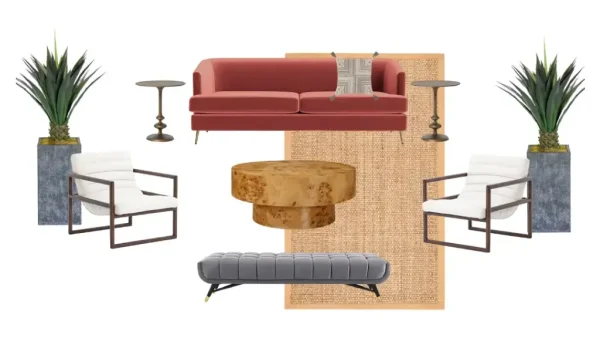 PERSIMMON LOUNGE featuring Avery Sofa in Persimmon, Wyatt Armchairs, Burl Coffee Table, Madrid Side Tables, Mid-Mod Bench, Bungalow Jute Rug, 5.5ft Tall Agave, and Multi-Stich Tassel Throw Pillow