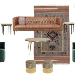 VIDALIA LOUNGEfeaturing Cristobal Sofa in Tobacco, Dandy Swivel Chairs in Teal Velvet, Herman Coffee Table, Vidalia Grass Planters, Fringe Leopard Poufs, Mojave Rug, French gilt Glass Accent Tables, and Sumi Cornflower Throw Pillow