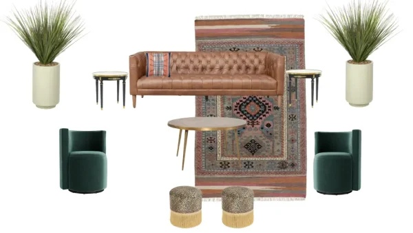VIDALIA LOUNGEfeaturing Cristobal Sofa in Tobacco, Dandy Swivel Chairs in Teal Velvet, Herman Coffee Table, Vidalia Grass Planters, Fringe Leopard Poufs, Mojave Rug, French gilt Glass Accent Tables, and Sumi Cornflower Throw Pillow